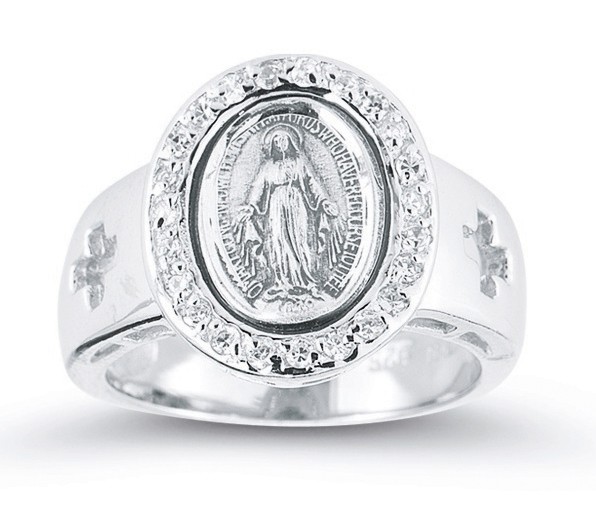 Women's Crystal Miraculous Medal Ring Sterling Silver - Sterling Silver