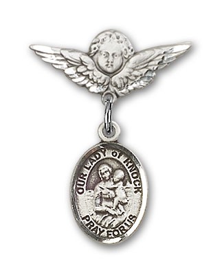 Pin Badge with Our Lady of Knock Charm and Angel with Smaller Wings Badge Pin - Silver tone