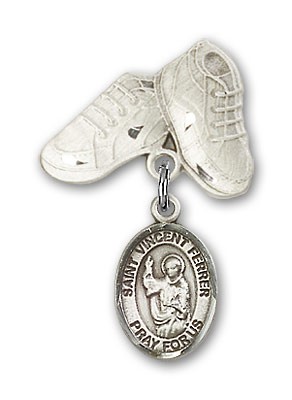 Pin Badge with St. Vincent Ferrer Charm and Baby Boots Pin - Silver tone