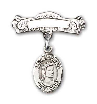 Pin Badge with St. Elizabeth of Hungary Charm and Arched Polished Engravable Badge Pin - Silver tone