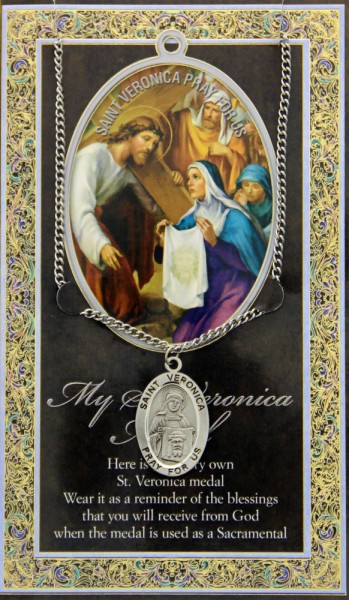 St. Veronica Medal in Pewter with Bi-Fold Prayer Card - Silver tone
