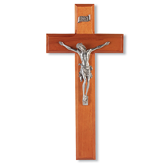Natural Cherry and Silver-tone Corpus Wall Crucifix - 10 inch - Brown