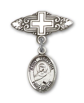 Pin Badge with St. Perpetua Charm and Badge Pin with Cross - Silver tone