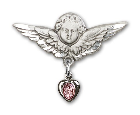 Sterling Silver Baby Pin with Pink Enamel Miraculous Charm and Angel with Larger Wings - Sterling Silver | Pink Enamel