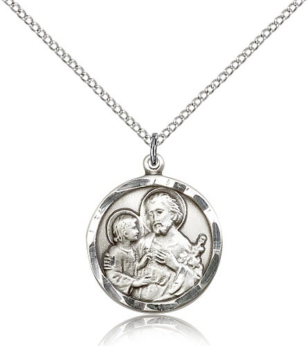 Women's St. Joseph Pendant with Hand Etched Border - Sterling Silver