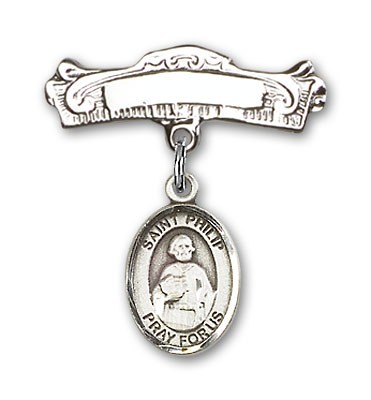 Pin Badge with St. Philip the Apostle Charm and Arched Polished Engravable Badge Pin - Silver tone