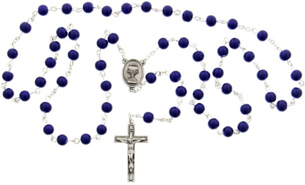 First Communion Blue Glass Rosary with Chalice Centerpiece - Blue | Silver