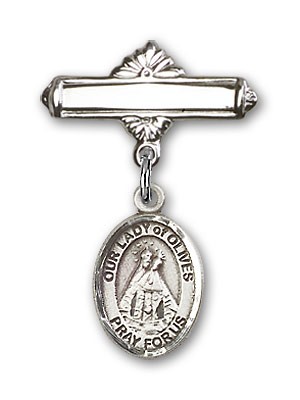 Pin Badge with Our Lady of Olives Charm and Polished Engravable Badge Pin - Silver tone