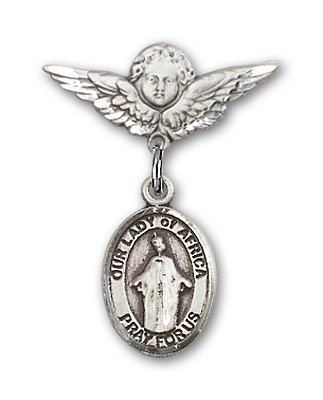 Pin Badge with Our Lady of Africa Charm and Angel with Smaller Wings Badge Pin - Silver tone