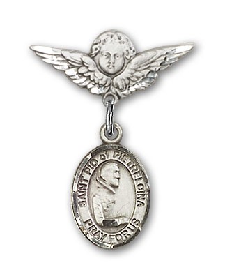 Pin Badge with St. Pio of Pietrelcina Charm and Angel with Smaller Wings Badge Pin - Silver tone