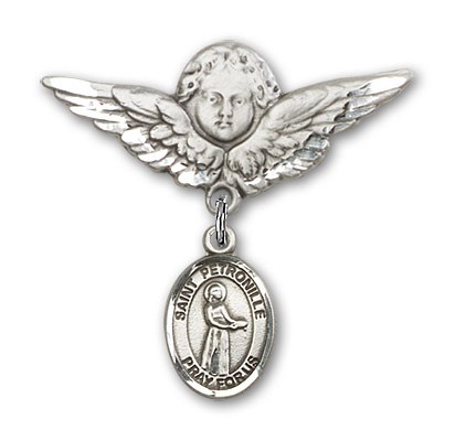 Pin Badge with St. Petronille Charm and Angel with Larger Wings Badge Pin - Silver tone