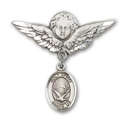 Pin Badge with Holy Spirit Charm and Angel with Larger Wings Badge Pin - Silver tone