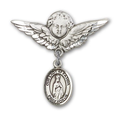 Pin Badge with Our Lady of Fatima Charm and Angel with Larger Wings Badge Pin - Silver tone