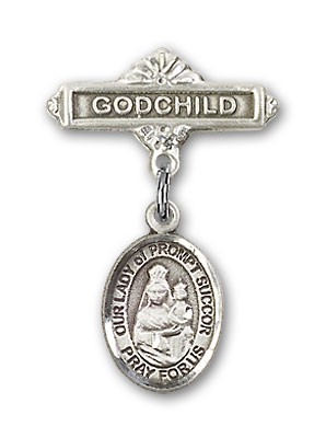 Baby Badge with Our Lady of Prompt Succor Charm and Godchild Badge Pin - Silver tone