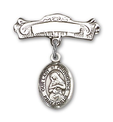 Pin Badge with Our Lady of Providence Charm and Arched Polished Engravable Badge Pin - Silver tone