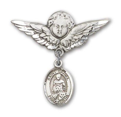 Pin Badge with St. Daniel Charm and Angel with Larger Wings Badge Pin - Silver tone