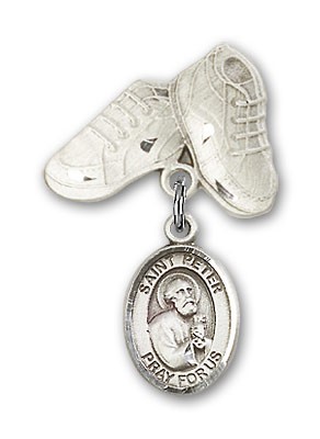 Pin Badge with St. Peter the Apostle Charm and Baby Boots Pin - Silver tone