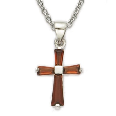 Youth Birthstone Baguette Cross Necklace - Garnet