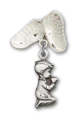 Baby Pin with Praying Boy Charm and Baby Boots Pin - Silver tone