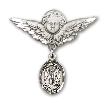 Pin Badge with St. Fiacre Charm and Angel with Larger Wings Badge Pin - Silver tone
