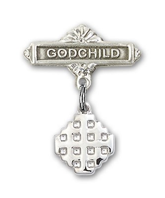 Baby Badge with Jerusalem Cross Charm and Godchild Badge Pin - Silver tone