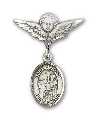 Pin Badge with St. Jerome Charm and Angel with Smaller Wings Badge Pin - Silver tone