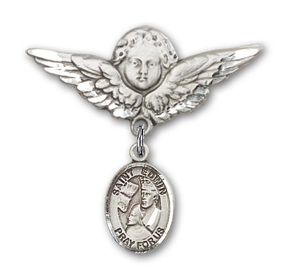 Pin Badge with St. Edwin Charm and Angel with Larger Wings Badge Pin - Silver tone