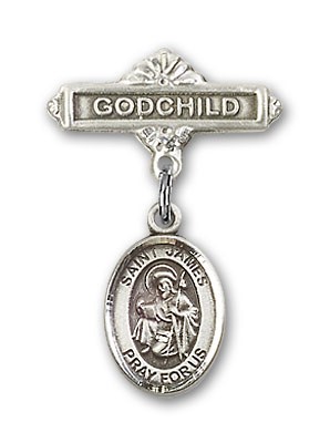 Pin Badge with St. James the Greater Charm and Godchild Badge Pin - Silver tone