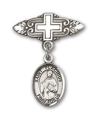Pin Badge with St. Placidus Charm and Badge Pin with Cross - Silver tone