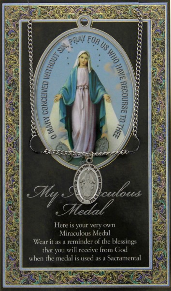 Miraculous Medal in Pewter with Bi-Fold Prayer Card - Silver tone