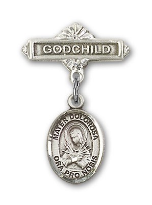 Pin Badge with Mater Dolorosa Charm and Godchild Badge Pin - Silver tone