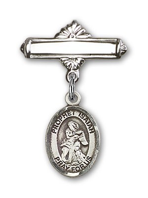 Pin Badge with St. Isaiah Charm and Polished Engravable Badge Pin - Silver tone