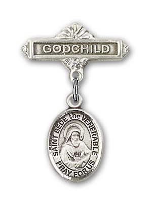 Pin Badge with St. Bede the Venerable Charm and Godchild Badge Pin - Silver tone
