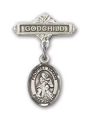 Pin Badge with St. Isaiah Charm and Godchild Badge Pin - Silver tone