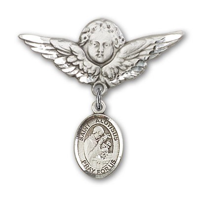 Pin Badge with St. Aloysius Gonzaga Charm and Angel with Larger Wings Badge Pin - Silver tone