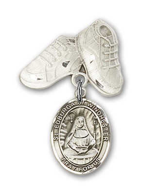 Pin Badge with St. Edburga of Winchester Charm and Baby Boots Pin - Silver tone