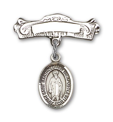 Pin Badge with St. Bartholomew the Apostle Charm and Arched Polished Engravable Badge Pin - Silver tone