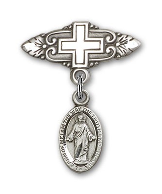 Pin Badge with Scapular Charm and Badge Pin with Cross - Silver tone