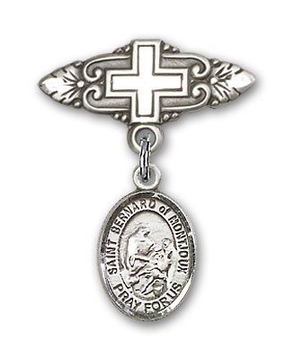 Pin Badge with St. Bernard of Montjoux Charm and Badge Pin with Cross - Silver tone
