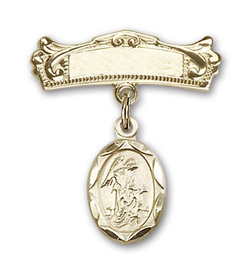 Baby Pin with Guardian Angel Charm and Arched Polished Engravable Badge Pin - Gold Tone