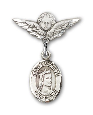 Pin Badge with St. Elizabeth of Hungary Charm and Angel with Smaller Wings Badge Pin - Silver tone