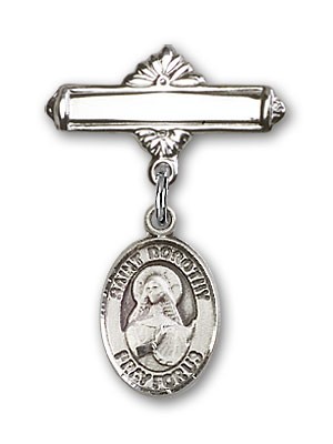 Pin Badge with St. Dorothy Charm and Polished Engravable Badge Pin - Silver tone