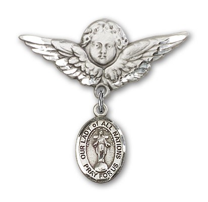 Pin Badge with Our Lady of All Nations Charm and Angel with Larger Wings Badge Pin - Silver tone