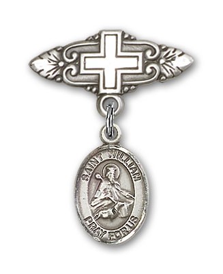 Pin Badge with St. William of Rochester Charm and Badge Pin with Cross - Silver tone