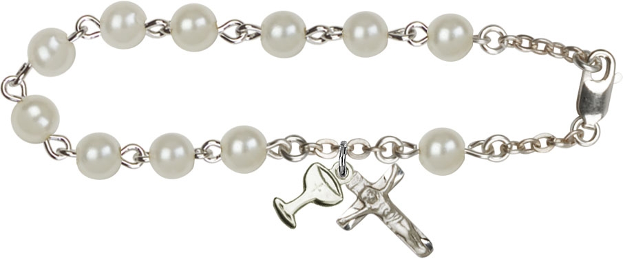 First Communion Faux Pearl Rosary Bracelet - White