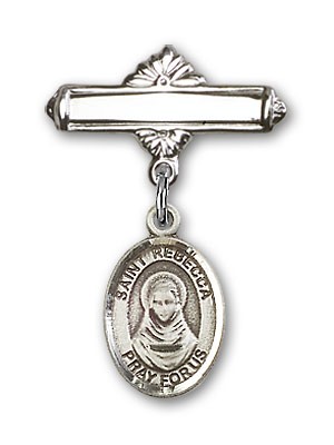 Pin Badge with St. Rebecca Charm and Polished Engravable Badge Pin - Silver tone