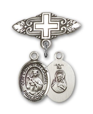 Pin Badge with Our Lady of Mount Carmel Charm and Badge Pin with Cross - Silver tone