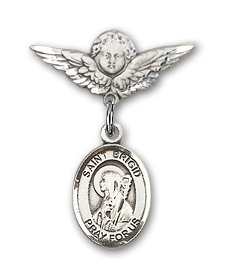 Pin Badge with St. Brigid of Ireland Charm and Angel with Smaller Wings Badge Pin - Silver tone