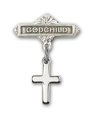 Baby Pin with Cross Charm and Godchild Badge Pin - Silver tone