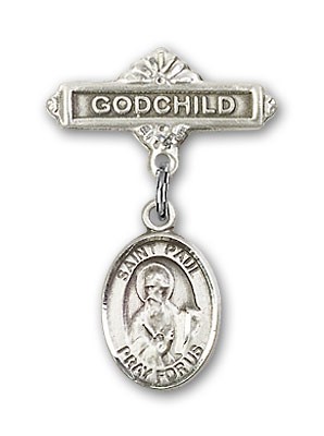 Pin Badge with St. Paul the Apostle Charm and Godchild Badge Pin - Silver tone